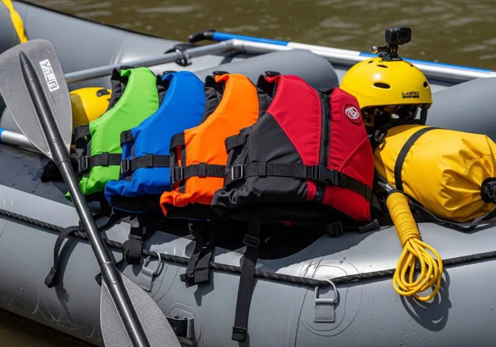 A collection of different rafting PFDs, a helmet, and a paddle laid out on an inflatable raft on a sunny day.