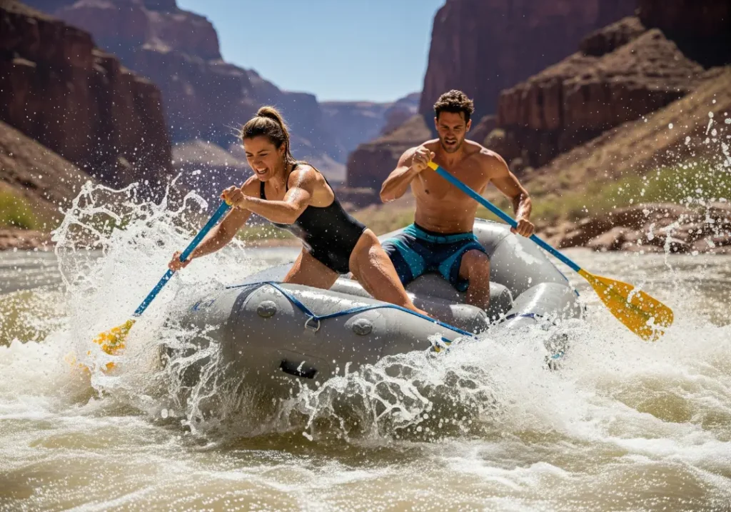 A full-body shot of a fit young couple paddling hard through a whitewater rapid, illustrating the physical demands of a Grand Canyon rafting trip.