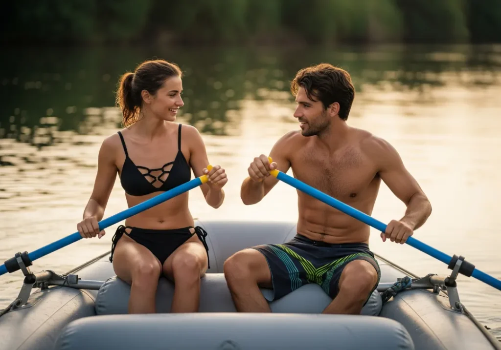 An attractive couple in their late 20s, wearing a bikini and boardshorts, practicing a pivot turn drill in a raft on a calm river during golden hour.