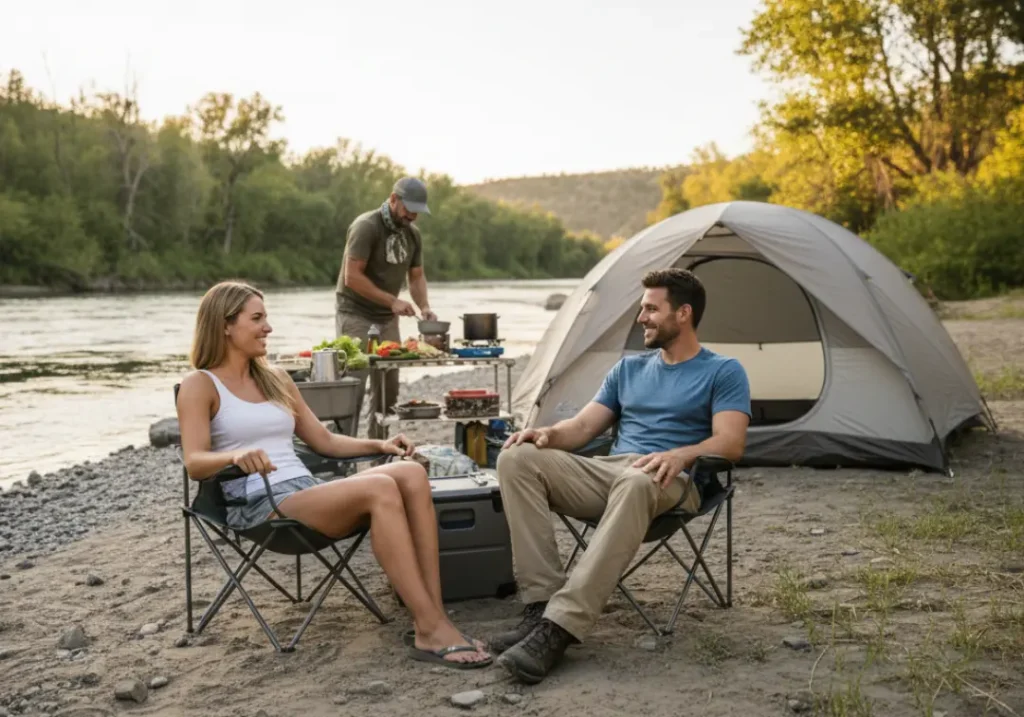 A full-body shot of a young couple relaxing in camp chairs at a beautiful riverside campsite while their guide cooks a meal.