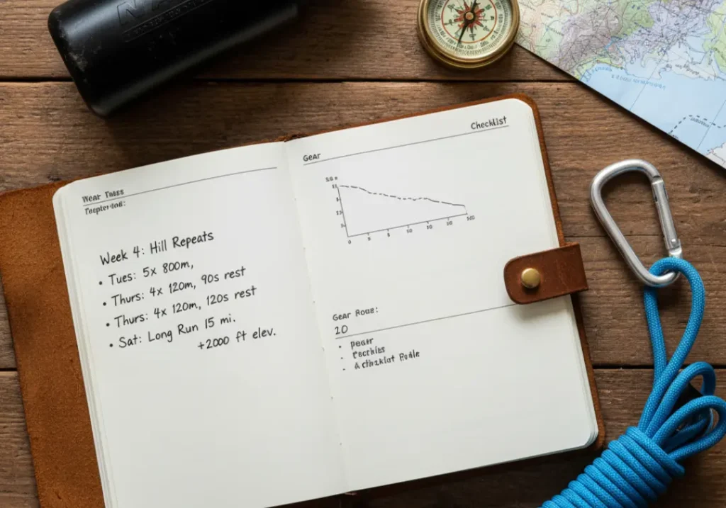 A top-down view of a training journal, water bottle, compass, and a map of the Grand Canyon laid out on a wooden table, representing planning for an expedition.