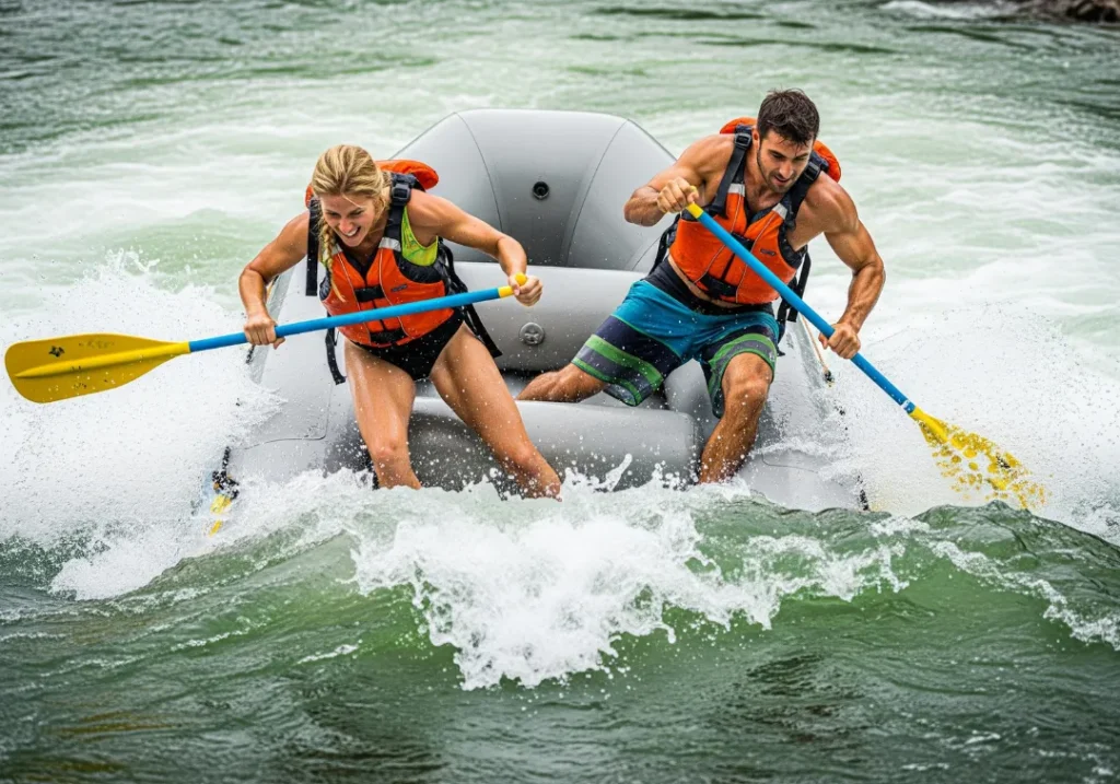A full-body view of two rafters leaning forward and paddling hard at the exact moment their raft hits a large wave in a river.