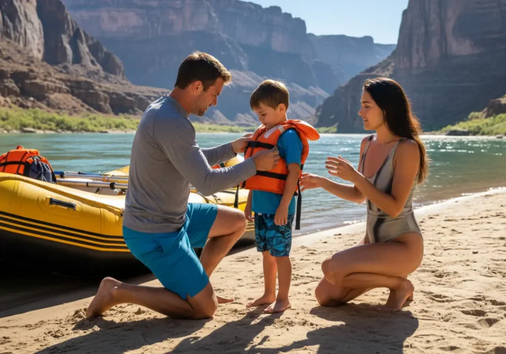 A river guide on a beach adjusts a PFD for a young boy as his mother watches, learning about rafting safety before a trip.