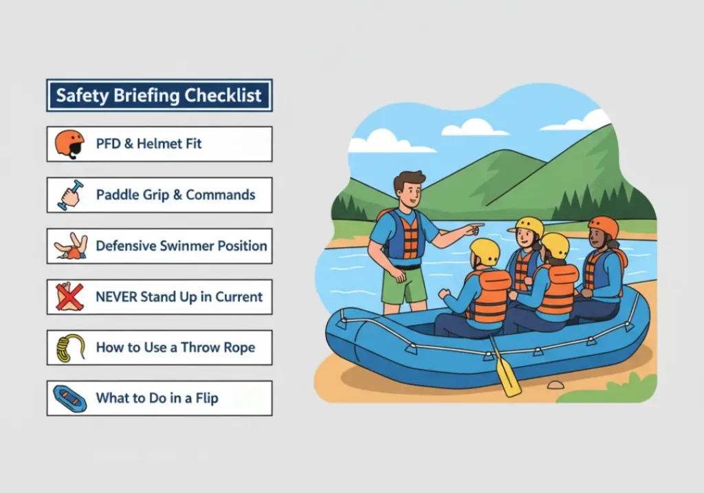 An infographic checklist for a proper rafting safety briefing, with icons for PFD and helmet fit, paddle commands, defensive swimming, the 'never stand up' rule, and throw rope use.