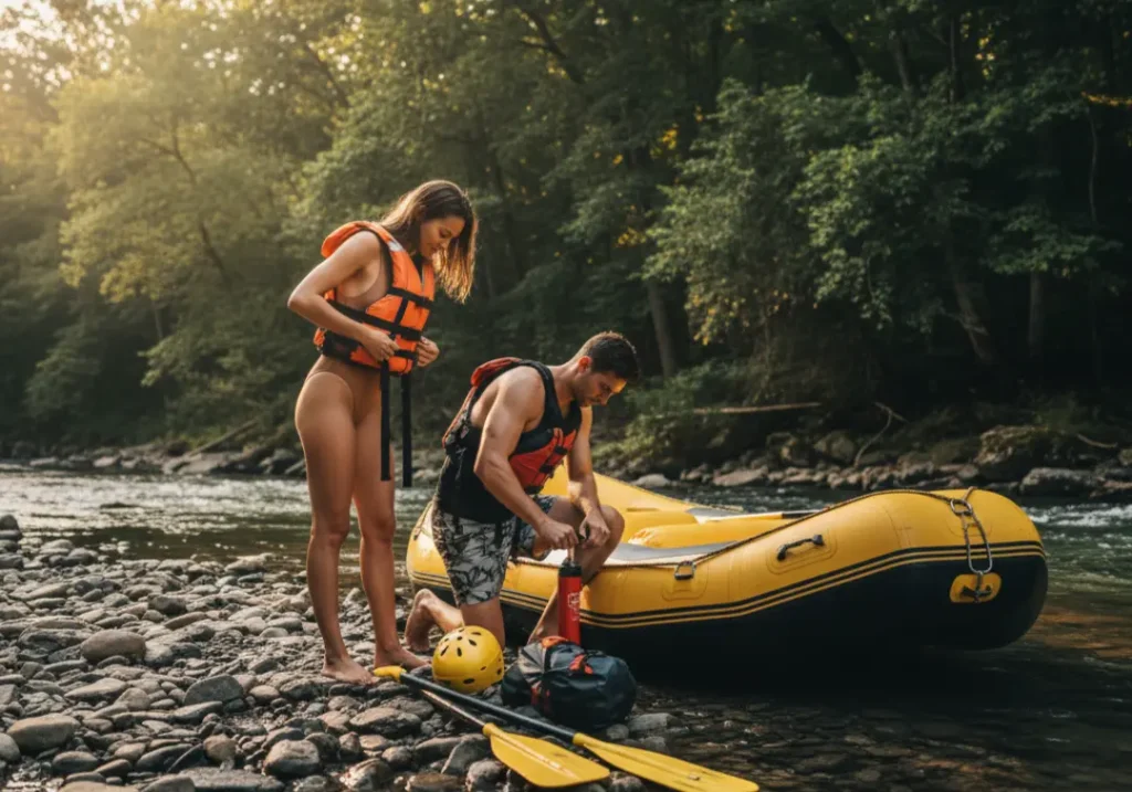 A young couple on a riverbank carefully checking their rafting equipment, including PFDs and helmets, before launching their raft.