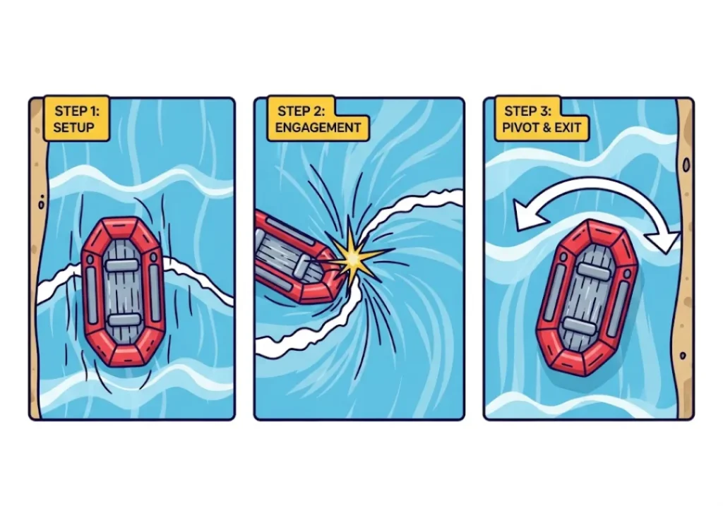 A three-panel sequential diagram illustrating the rafting stern pivot maneuver. Panel 1 shows the raft setting up its approach to a wave. Panel 2 shows the raft's stern engaging the wave. Panel 3 shows the raft completing the pivot, now facing upstream.
