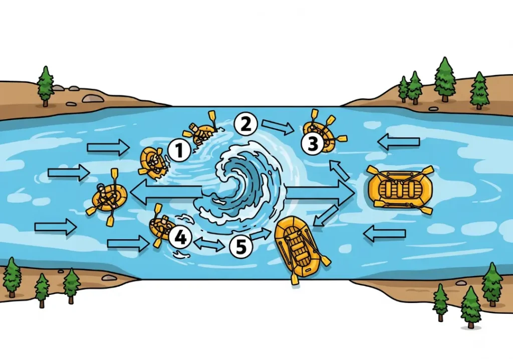 A 5-step infographic showing how to perform a stern pivot in a raft. The diagram illustrates the approach, initiation stroke, pivot on a river feature, rotation, and transition to a new angle.
