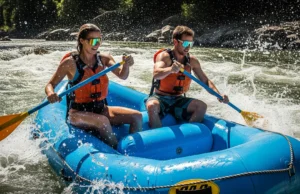 Best Rafting Sunglasses: Tested for Impact & Retention A fit couple in their late 20s wearing life jackets and sunglasses paddle a raft through a sunny whitewater rapid.