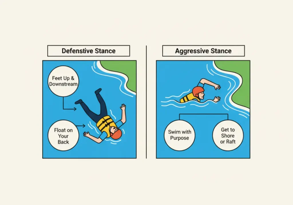 A two-panel diagram illustrating the defensive and aggressive swimmer safety stances for rafting. The defensive stance shows a person floating on their back with feet up, and the aggressive stance shows a person swimming on their stomach.