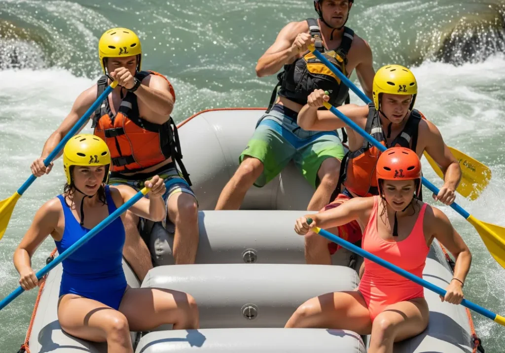 A full-body shot of a couple in rafting gear standing on a rock, pointing at and studying a rapid below them to plan their route.