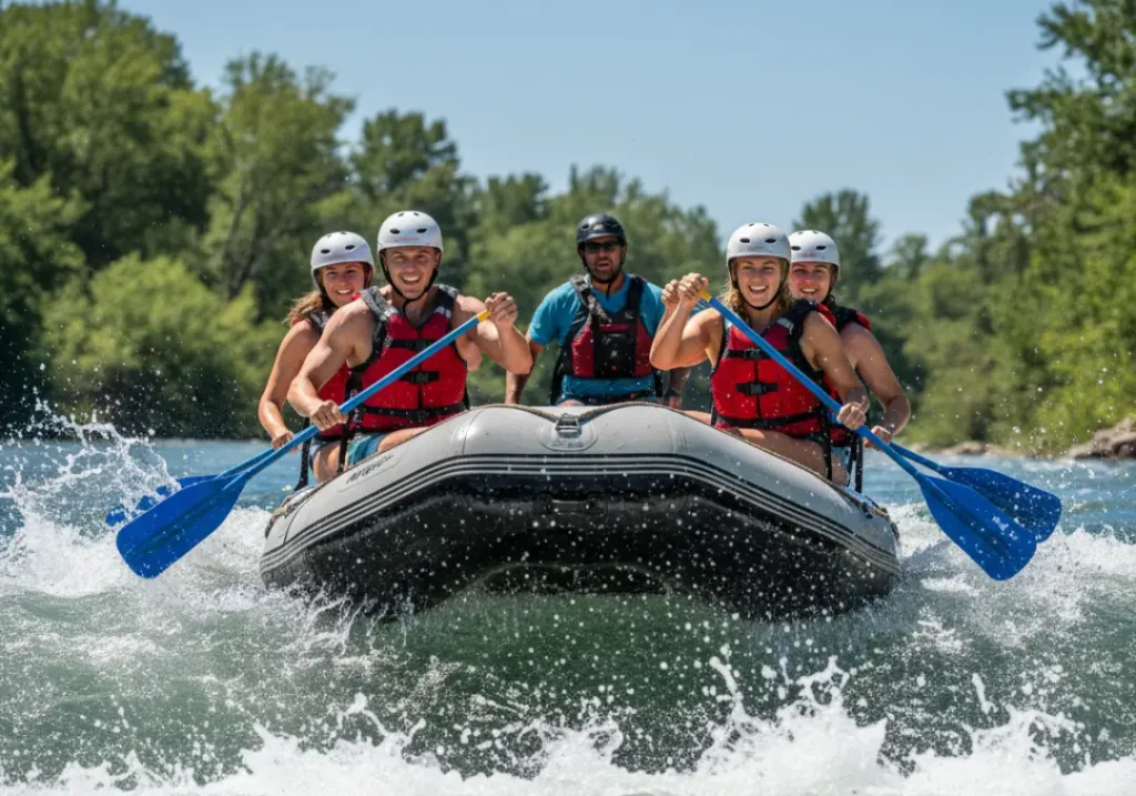 A full-body action shot of a group of young adults paddling a raft through splashy whitewater, all smiling and working together.