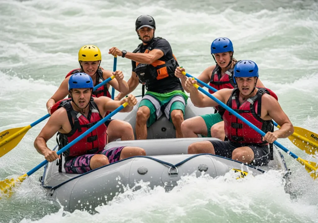 A full-body shot of a four-person rafting crew paddling together with intense focus through a whitewater rapid.