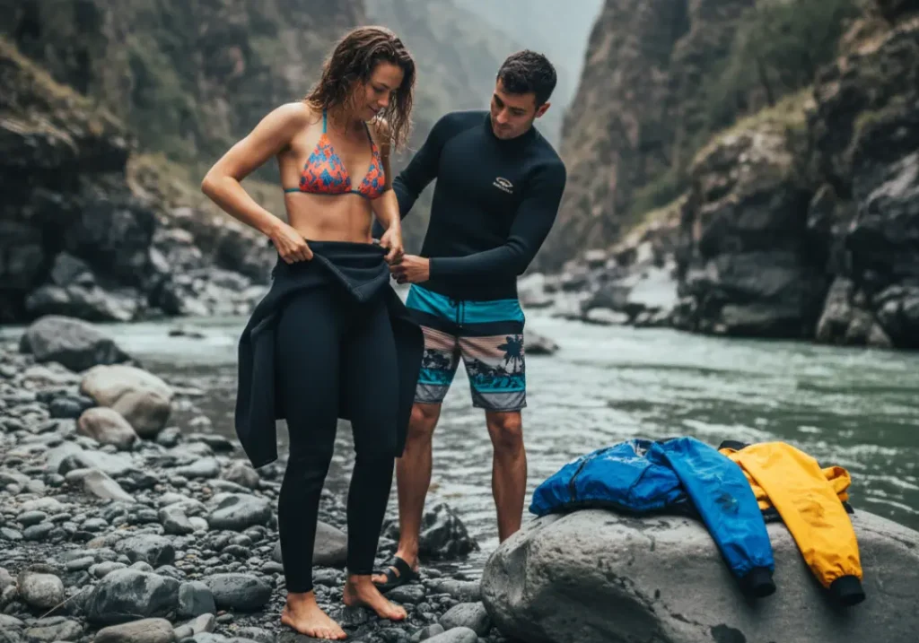 A fit couple in their late 20s putting on wetsuits on a riverbank, illustrating thermal protection for cold-water rafting.