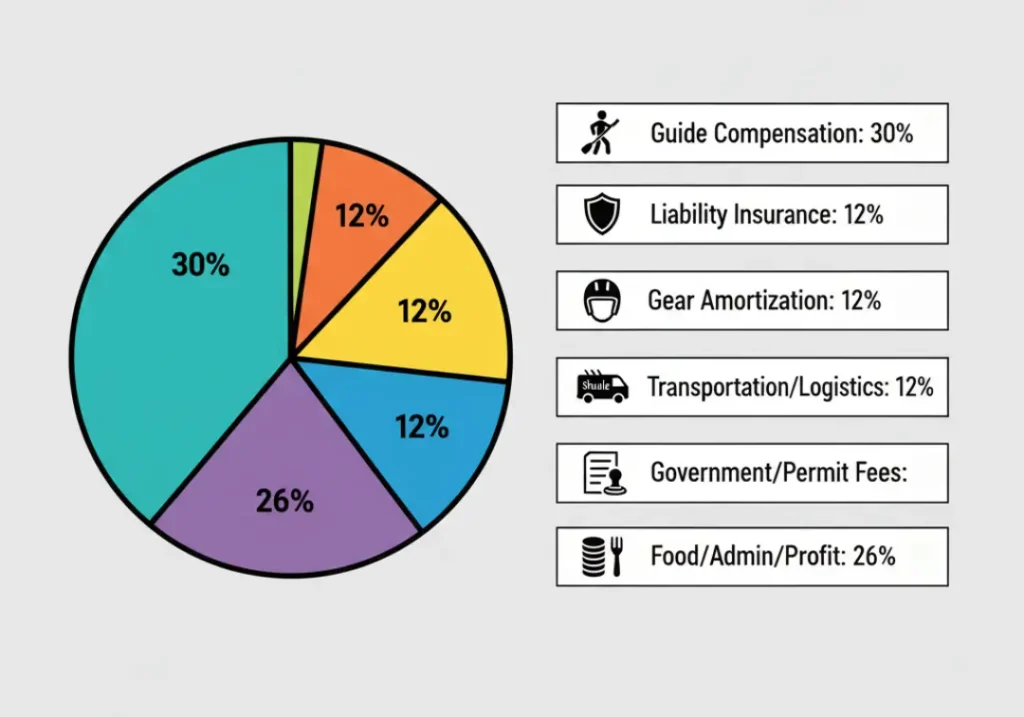 A pie chart infographic breaking down the costs of a rafting trip. The slices are: Guide Compensation (30%), Insurance (12%), Gear (12%), Logistics (12%), Permits (8%), and Food/Admin/Profit (26%).