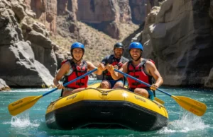 Rafting Trip Costs: An Expert Analysis of What You Pay For A full-body shot of a young couple in their late 20s enjoying a sunny day of whitewater rafting in a beautiful canyon.