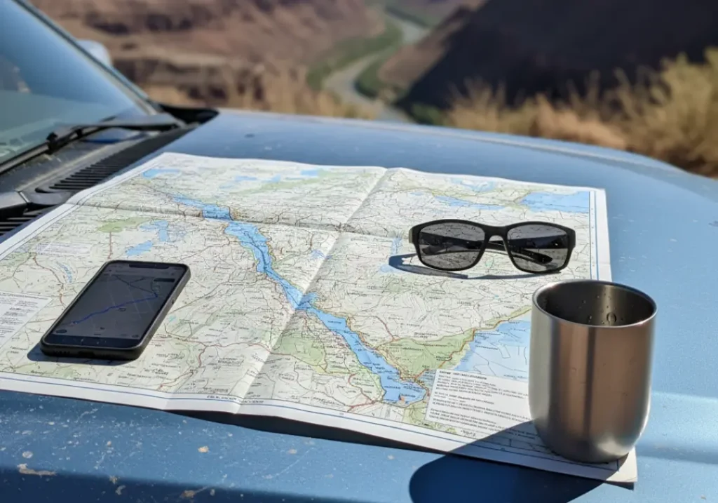 A river map, smartphone, and sunglasses laid out on the hood of a truck, symbolizing the logistical planning for a rafting trip.