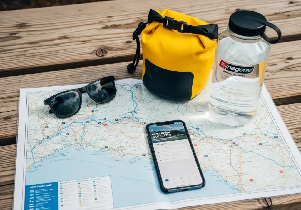 A river map, smartphone, sunglasses, and a dry bag laid out on a wooden table, representing the planning of a rafting trip.