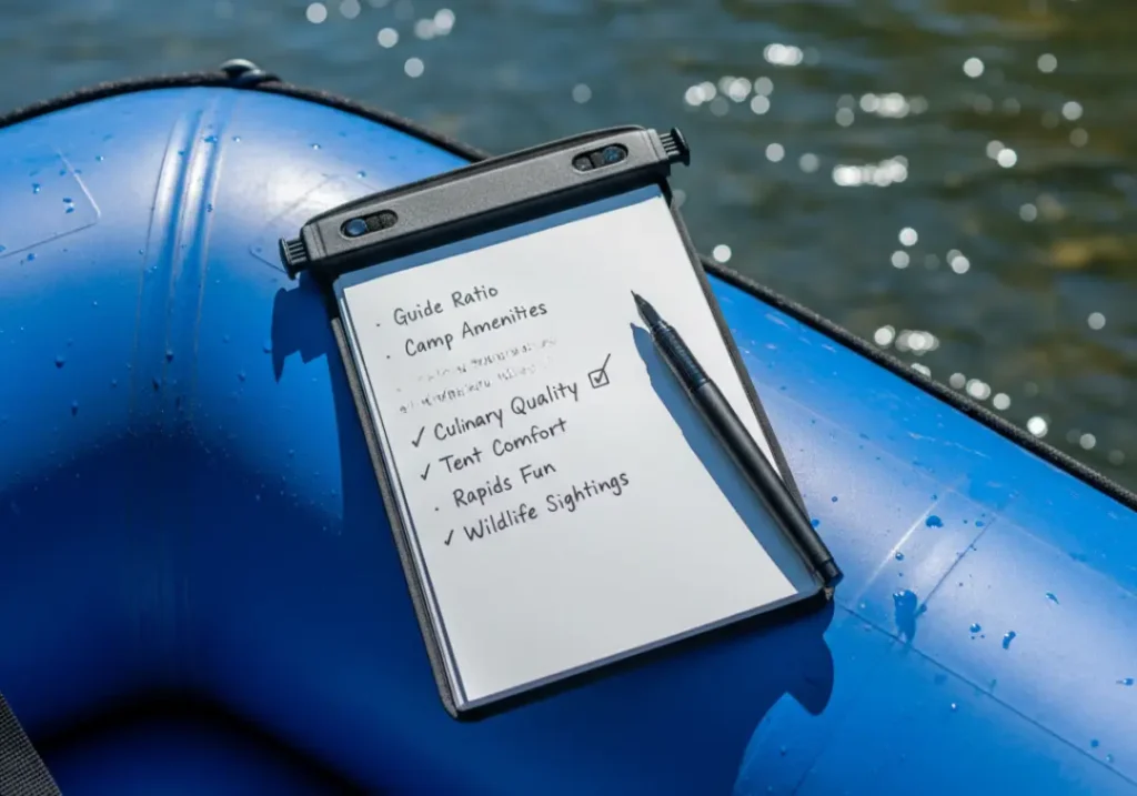 A close-up of a waterproof journal with ranking criteria written inside, resting on the side of a raft.
