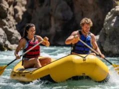 Rafting Types: A Guide to Rafts, Skills & River Classes A fit young couple in their late 20s enthusiastically paddle a bright yellow raft through splashing whitewater rapids.