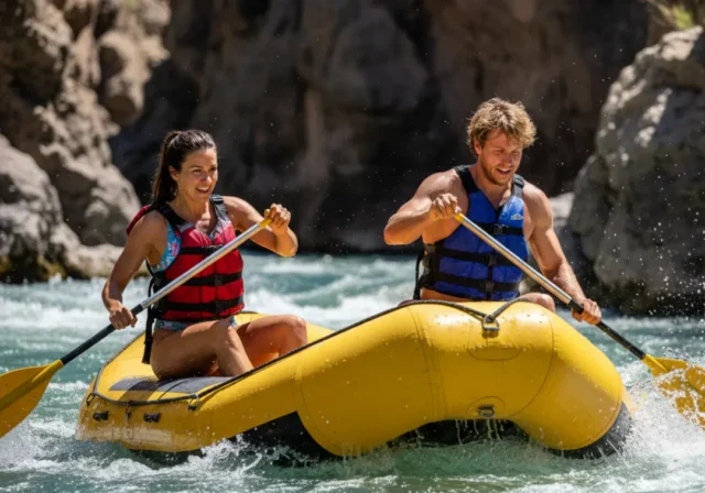 rafting-types-guide A fit young couple in their late 20s enthusiastically paddle a bright yellow raft through splashing whitewater rapids.