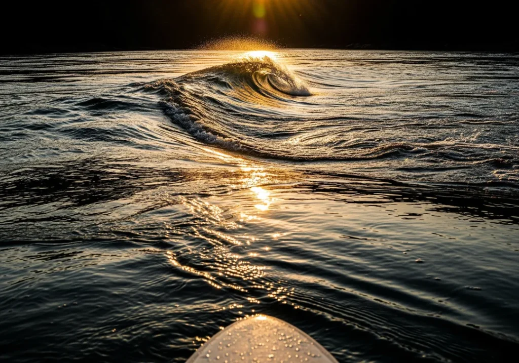 A strategic view from inside a calm river eddy, looking out at a perfect surfable wave on the main current during golden hour.