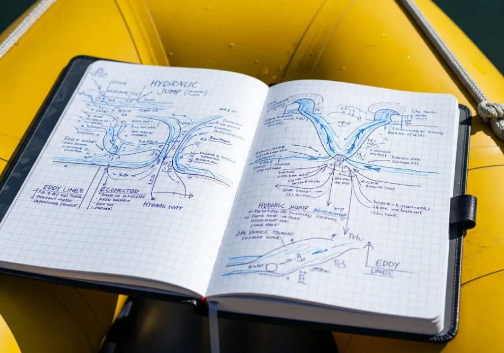 A close-up of a waterproof notebook with hand-drawn diagrams of river hydraulics, resting on the side of an inflatable raft.