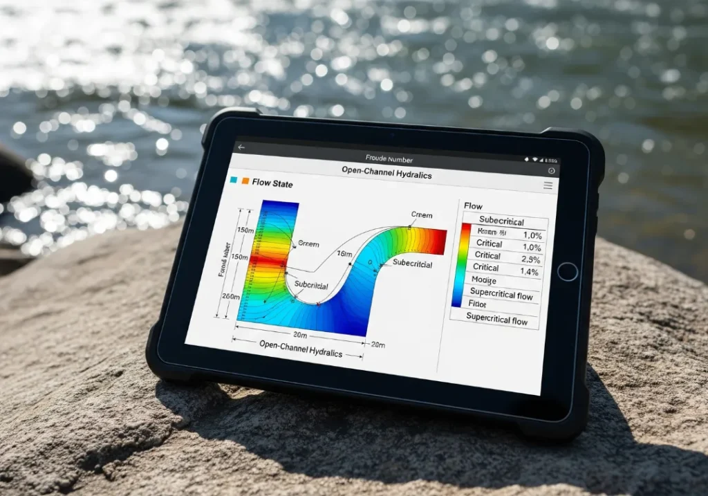 A rugged waterproof tablet on a rock by a river, displaying a scientific diagram about river hydraulics and Froude numbers.