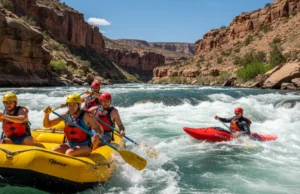 Rafting vs Kayaking: A Rafter’s Technical Breakdown A full-body, wide-angle shot of a group of four people in a raft and a solo kayaker navigating a sunny whitewater rapid.