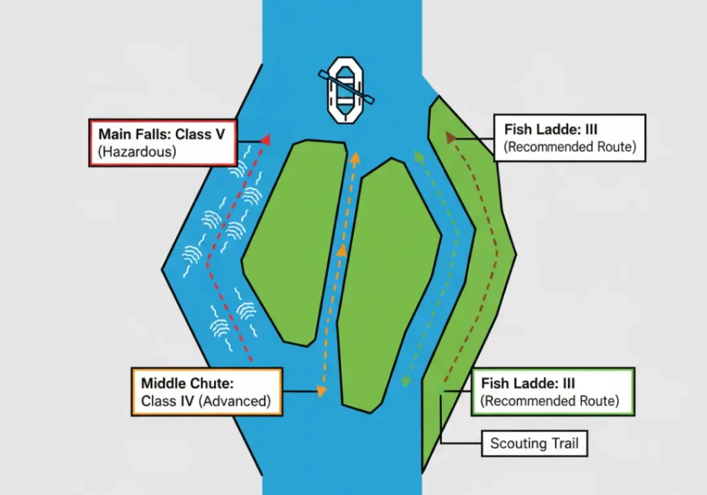 A top-down map diagram of Rainey Falls on the Rogue River, showing the three navigation lines: the hazardous Class V Main Falls, the advanced Class IV Middle Chute, and the recommended Class III Fish Ladder route.