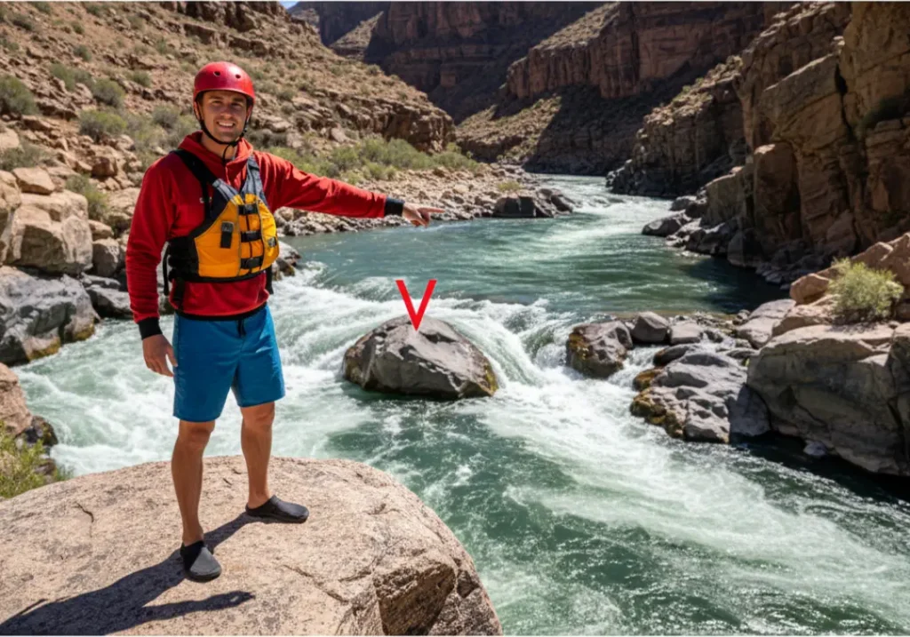 A full-body shot of a handsome raft guide in his late 20s standing on a rock, pointing and scouting a river rapid and eddy from above.