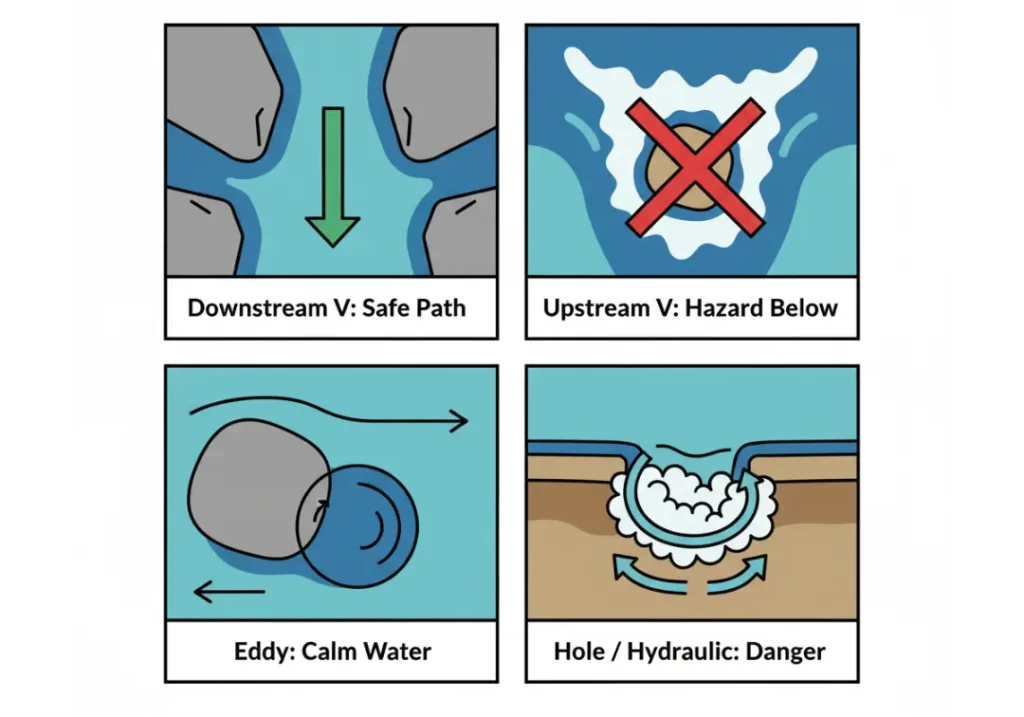 An infographic guide to reading a river, shown in four panels. It illustrates a 'Downstream V' for a safe path, an 'Upstream V' for a hazard, an 'Eddy' for calm water, and a 'Hole/Hydraulic' as a danger.