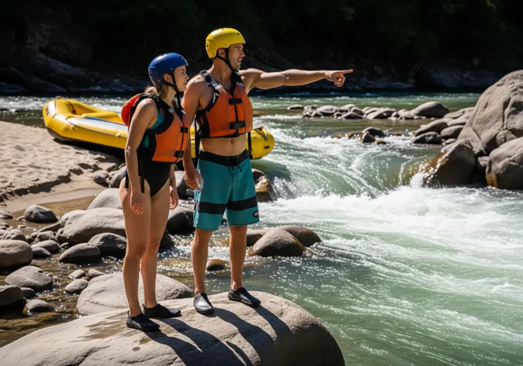 A full-body shot of a couple in rafting gear standing on a rock, pointing at and studying a rapid below them to plan their route.