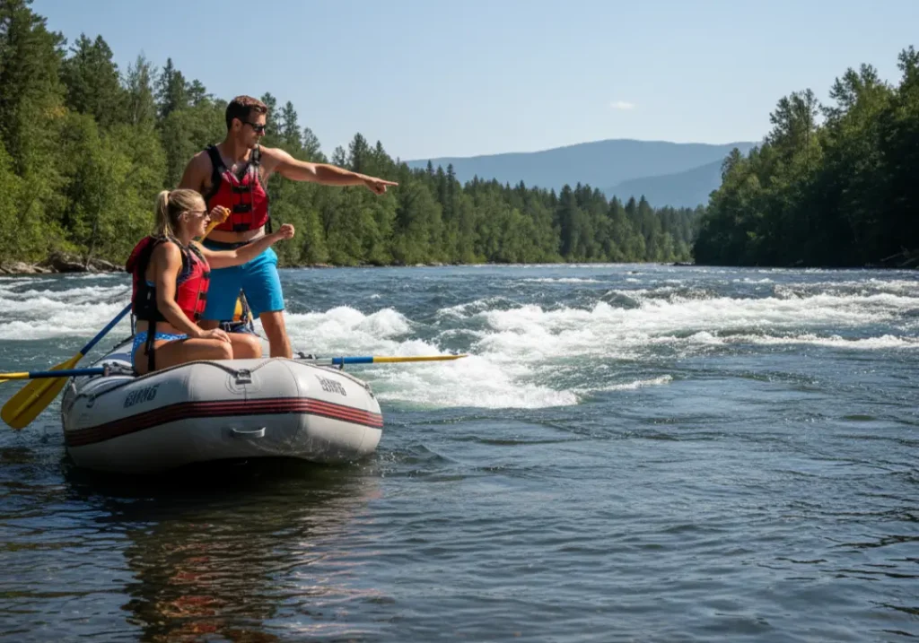 A full-body shot of a man and woman in a raft, stopped in an eddy, pointing at the downstream rapid to choose their line.