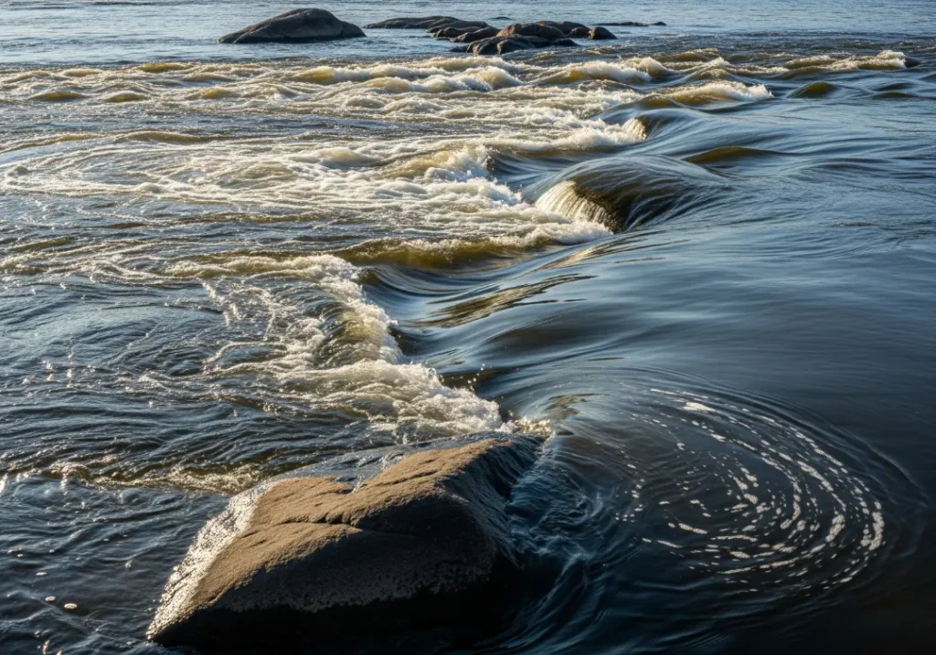 A water-level view of a river, clearly showing the turbulent eddy line next to a large rock and the downstream current.