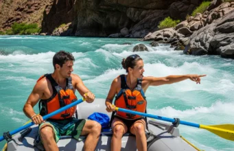 The Rower’s Guide to Reading Whitewater: From Eddies to V’s A fit young couple in a raft, with the man rowing through whitewater rapids while the woman points the way forward.