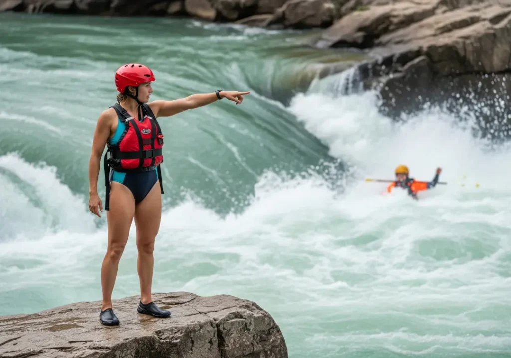 A female rescuer in full safety gear stands on a rock and points at a dangerous hydraulic in the river.