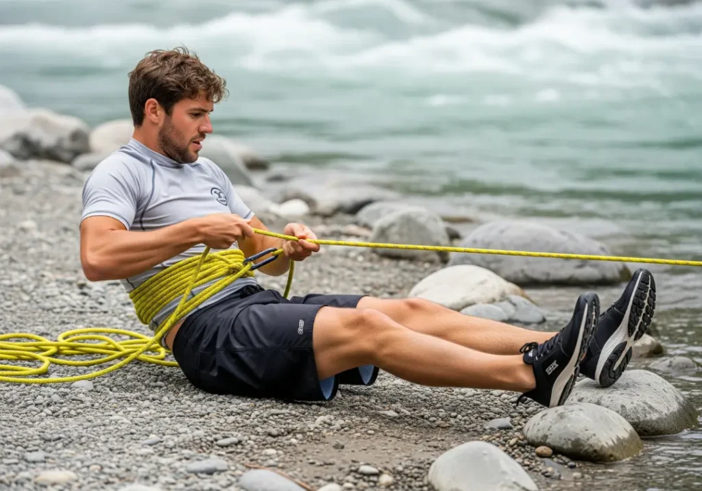 A full-body shot of a man demonstrating a safe body belay with a rescue rope on a riverbank.