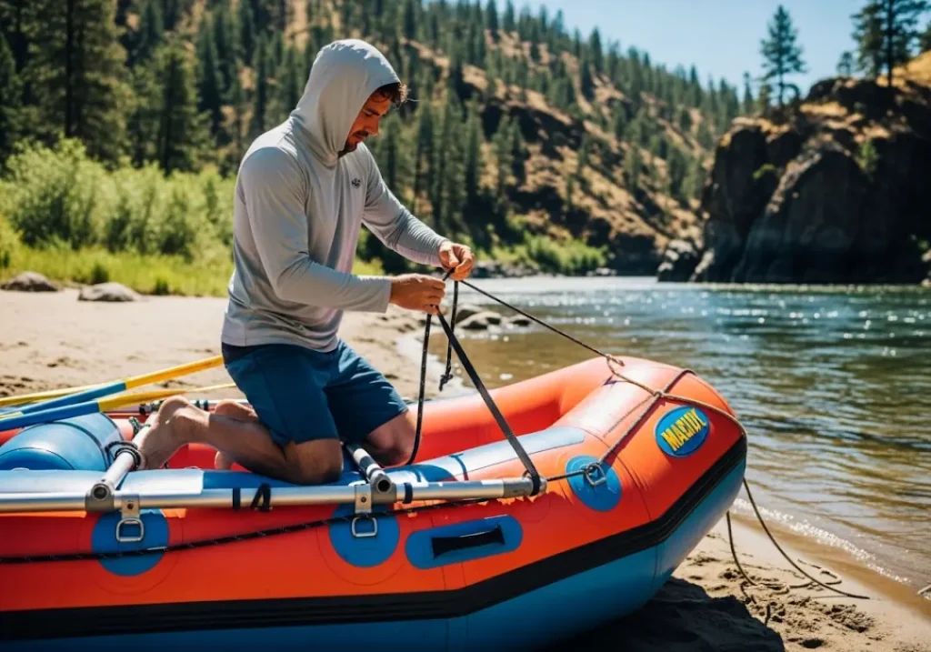 A male river guide in a sun hoodie kneels on a raft, demonstrating the philosophy of secure rigging.