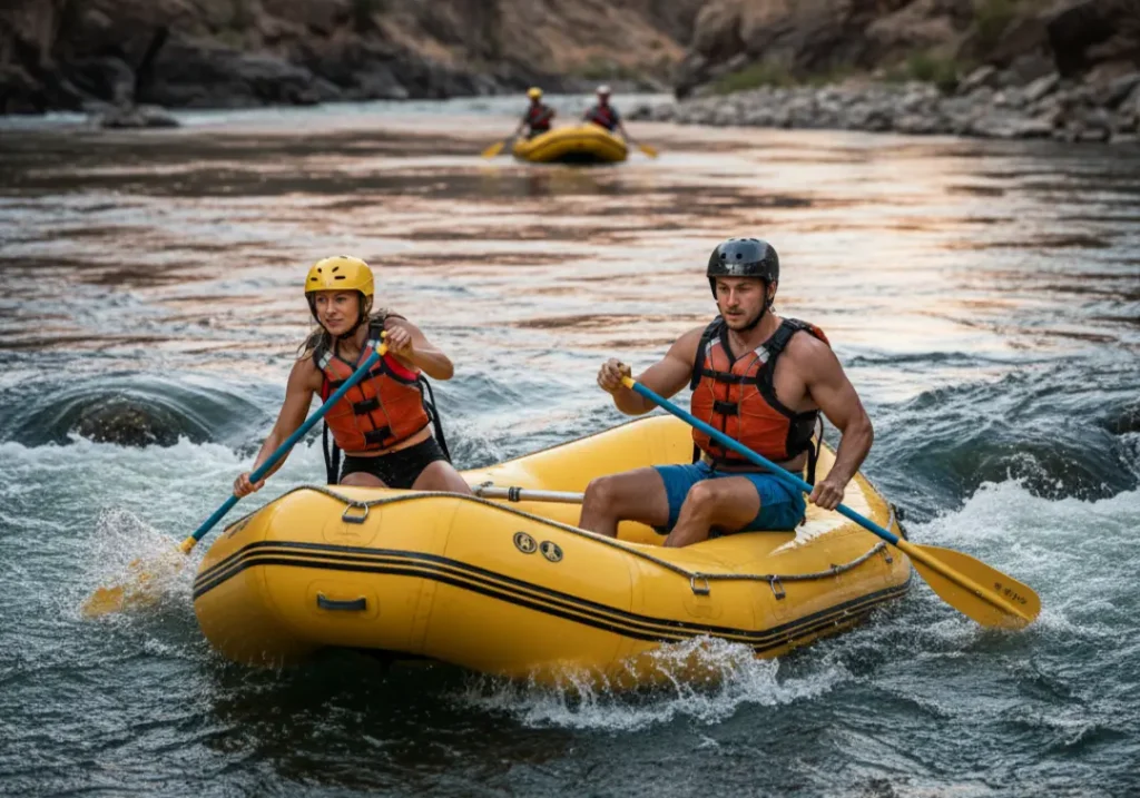 A couple rafting a challenging rapid in the foreground while another raft floats on calm water in the background, showing skill progression.