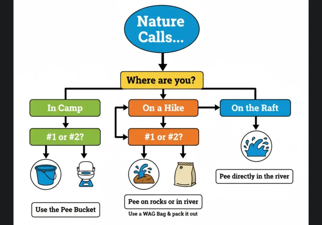 A flowchart infographic titled "Nature Calls..." that serves as a decision tree for river trip bathroom etiquette. It guides the user based on location (In Camp, On a Hike, On the Raft) and need (#1 or #2) to the correct action, such as using a pee bucket, groover, WAG bag, or peeing in the river