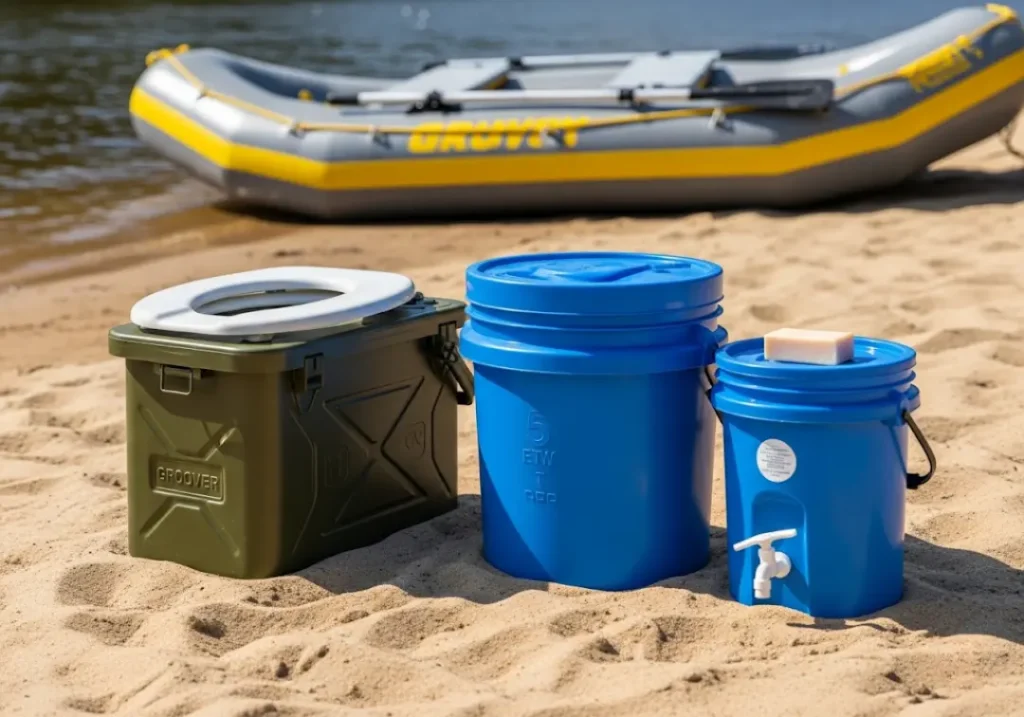 A medium shot of a groover toilet, pee bucket, and hand-wash station set up on a sandy riverbank, showing the essential gear for a river bathroom.