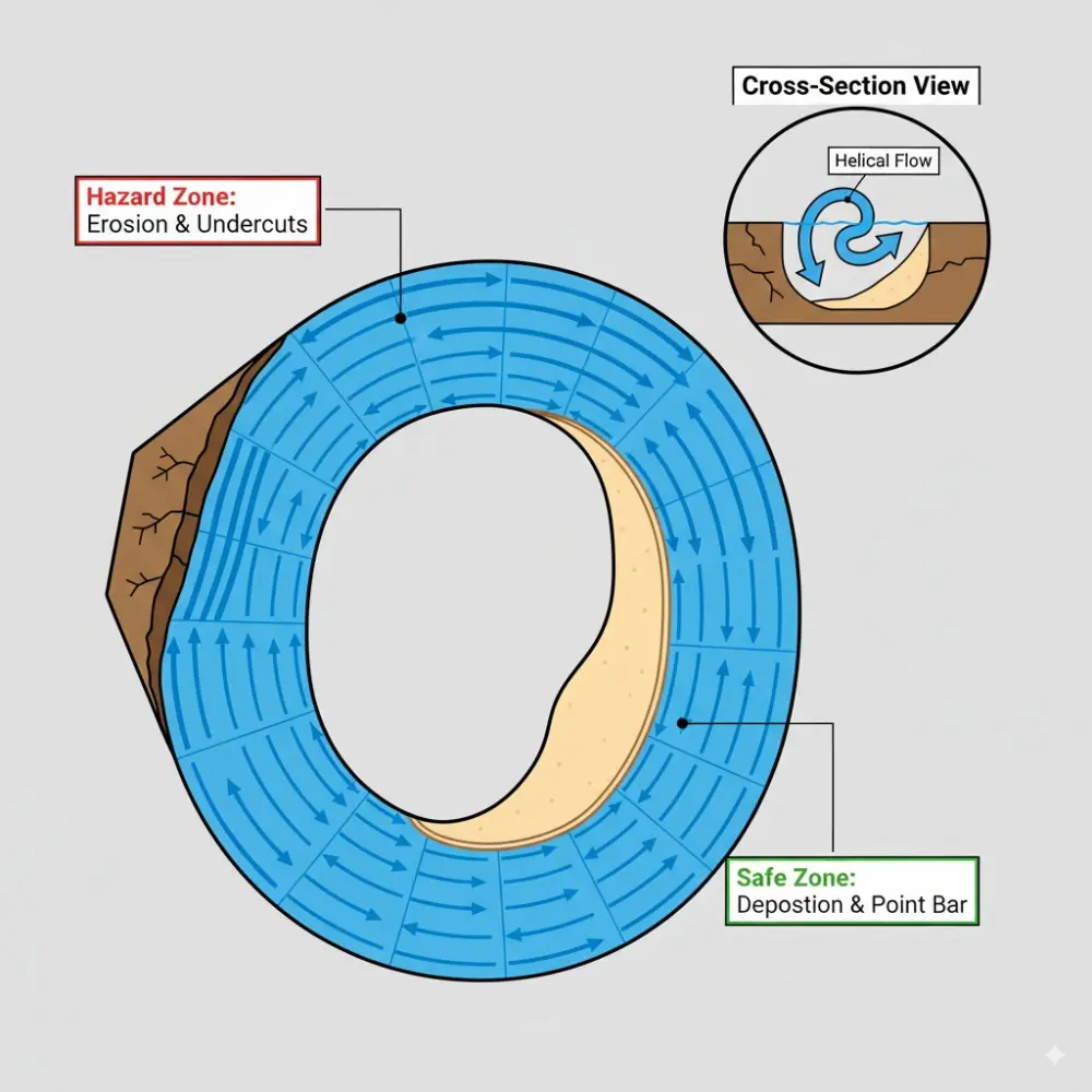 A diagram explaining river bend dynamics. A top-down view shows the fast, hazardous outer bend and the slow, safe inner bend. A cross-section inset illustrates the invisible helical (corkscrewing) flow that causes these features