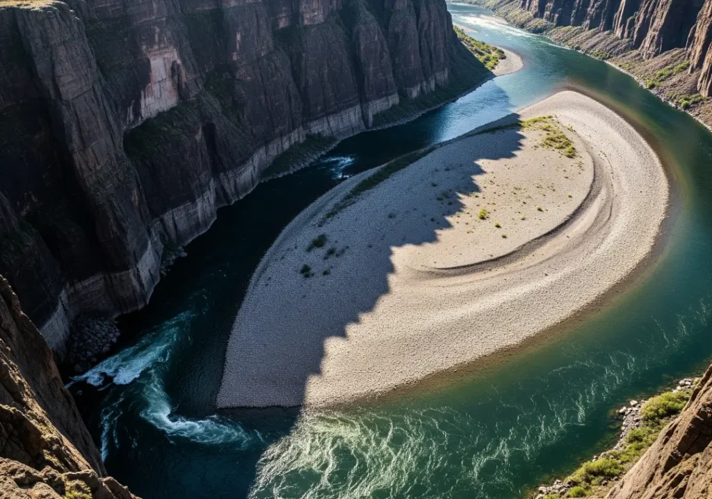 A high-angle smartphone photo of a river bend showing the erosional outer bank and the depositional inner point bar.