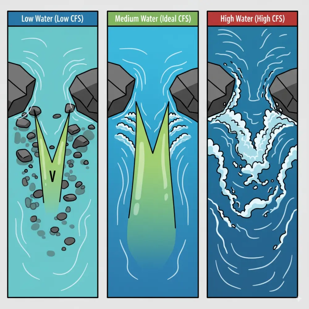 A three-panel diagram showing the same river rapid at low, medium, and high water levels (CFS). It illustrates how a safe channel at medium flow can become a bony, technical passage at low flow, or a powerful, washed-out wave train at high flow