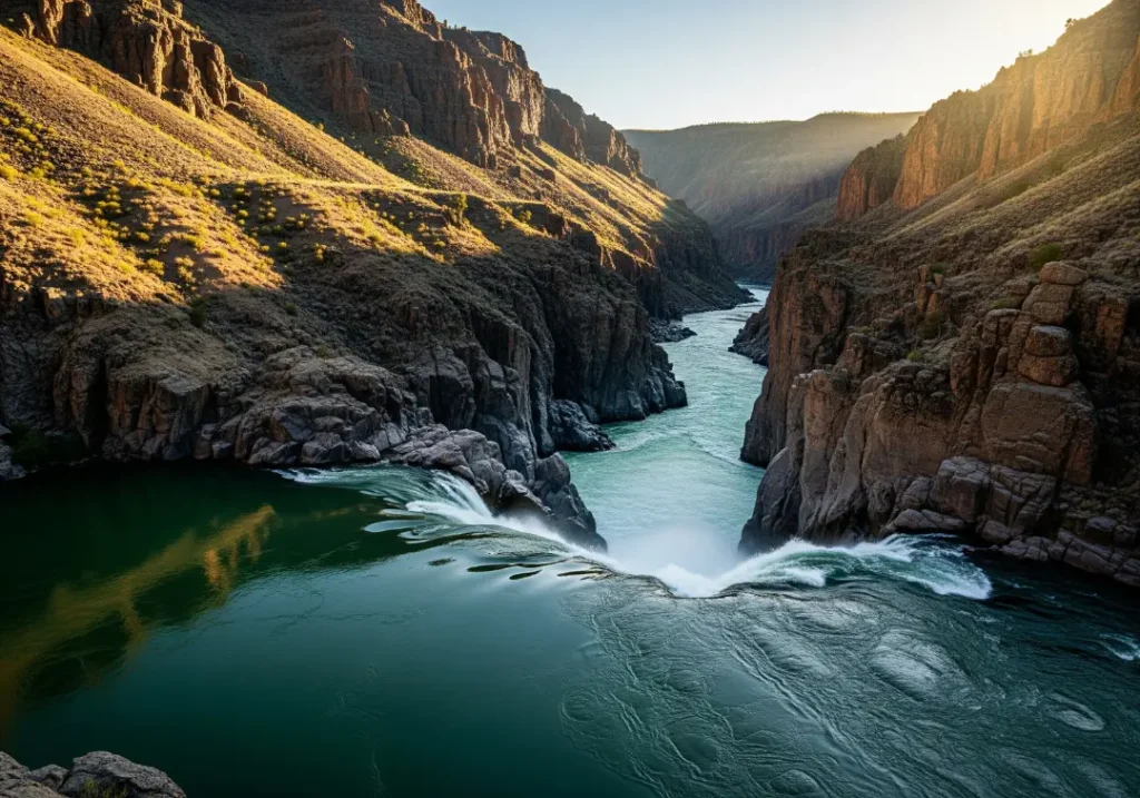 A wide river narrows as it enters a steep canyon, causing the calm green water to turn into powerful whitewater rapids.