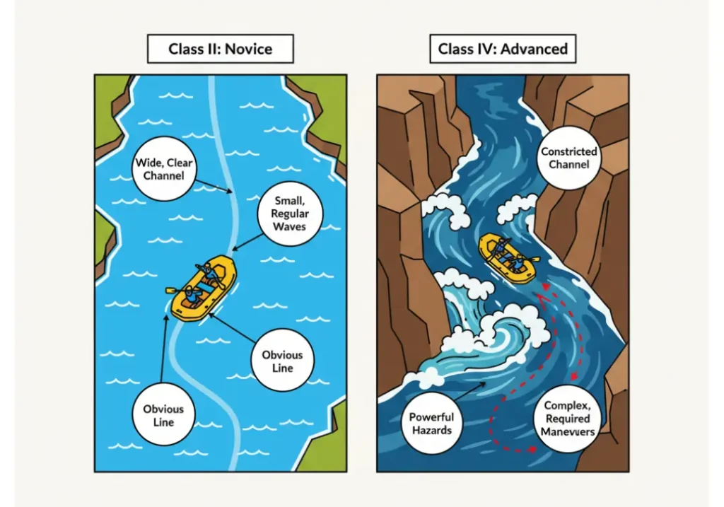 An infographic comparing a Class II river rapid with a Class IV rapid. The Class II side shows a wide channel and small waves, while the Class IV side shows a constricted channel, large waves, and required complex maneuvers.