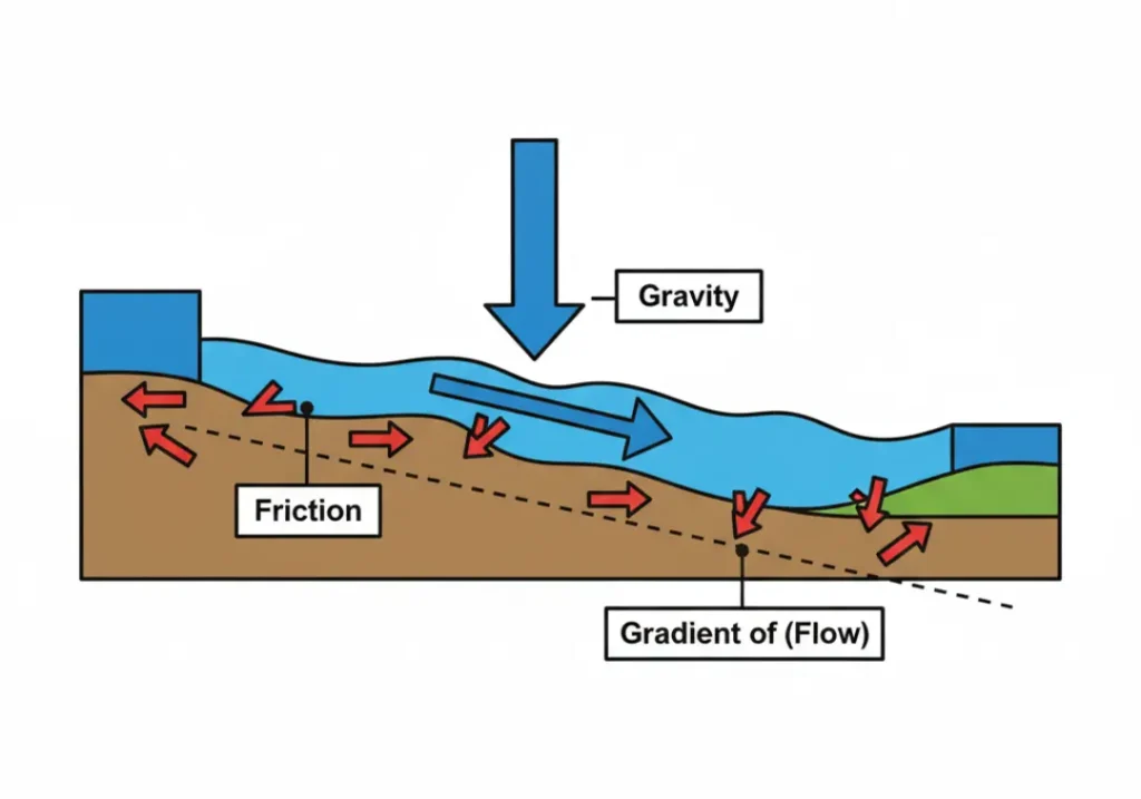 An infographic diagram explaining the forces that create a river current. It shows a cross-section of a river with labeled arrows for 'Gravity' pointing down, 'Gradient' indicating the riverbed's slope, and 'Friction' pointing against the flow from the bed and banks.