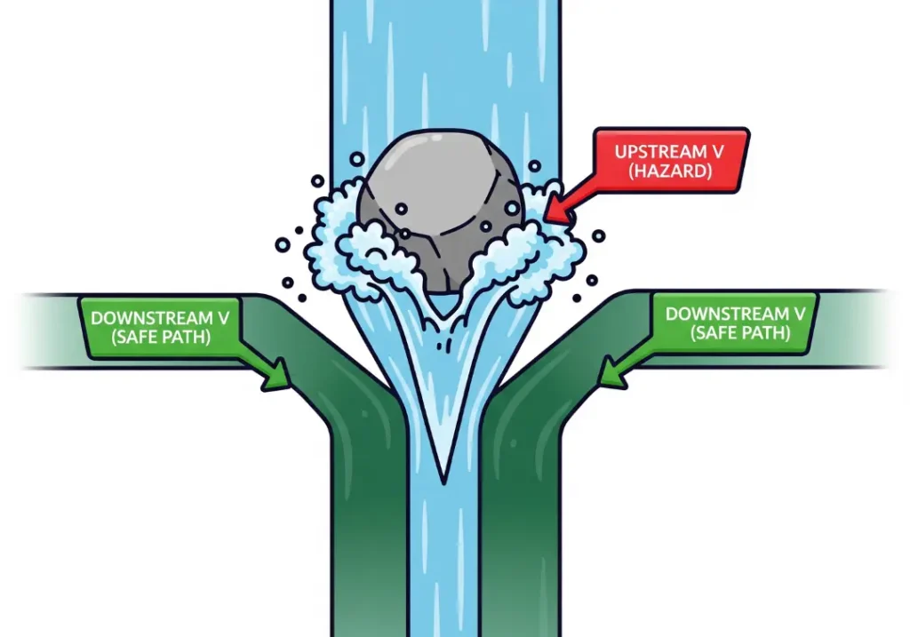 A top-down diagram in a modern cartoon style illustrating how to read a river. It shows a foamy 'Upstream V' hitting a boulder, indicating a hazard, and two smooth 'Downstream V's' forming on either side, indicating the safe path