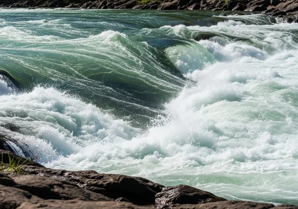 A powerful and churning Class IV whitewater rapid, showing large waves and hydraulic features under bright sunlight.