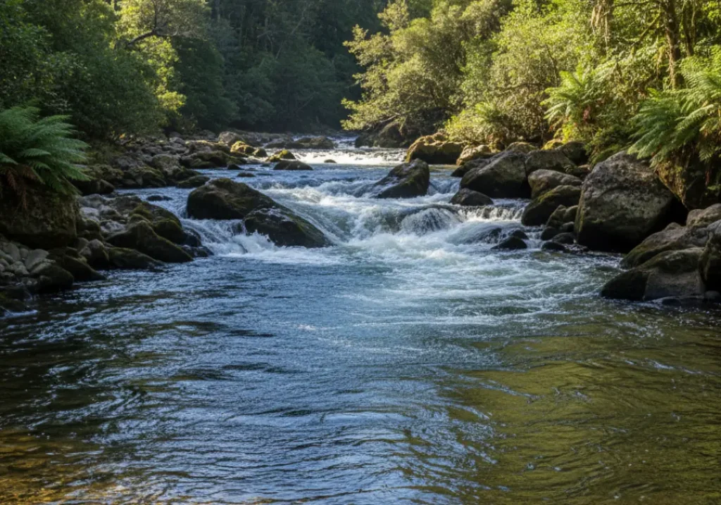 A river showing a clear transition from calm, easy water to more challenging whitewater rapids, representing the International Scale of River Difficulty.